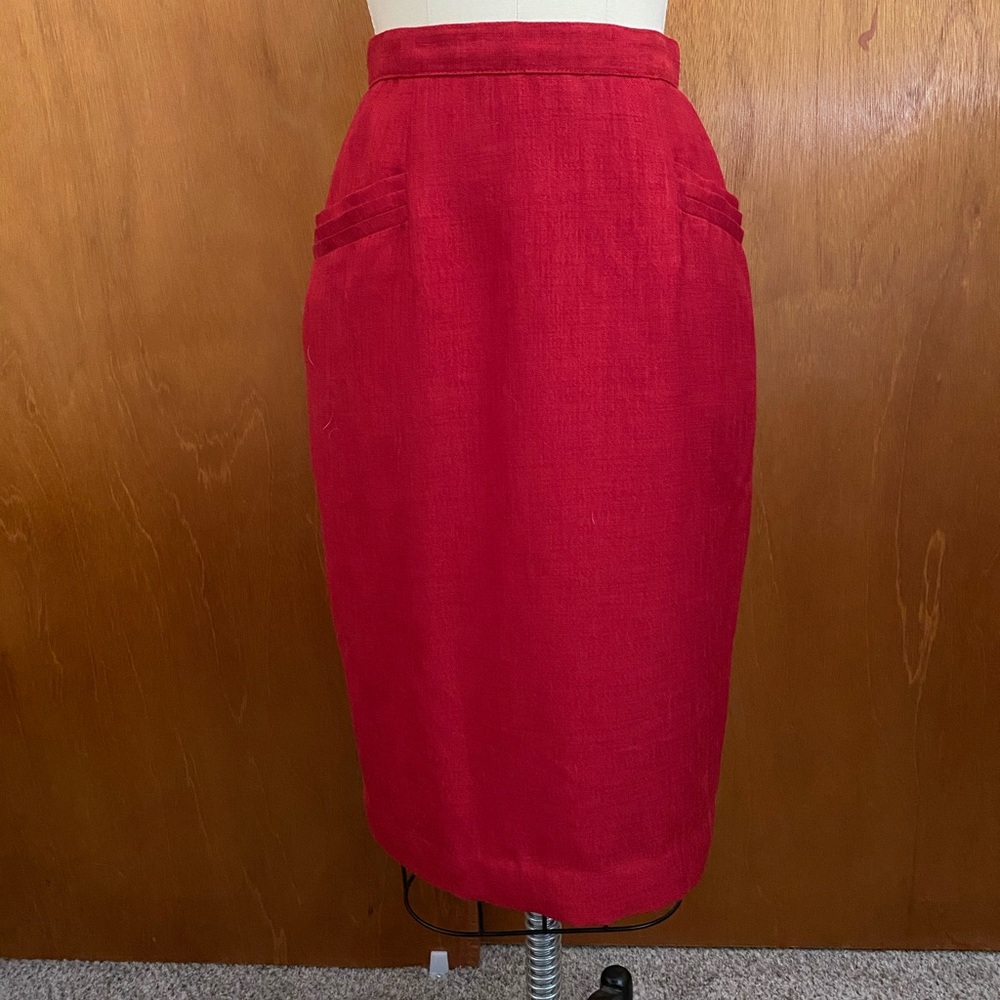 Vintage Red Knee Pencil Skirt Pleated Pockets Sz S